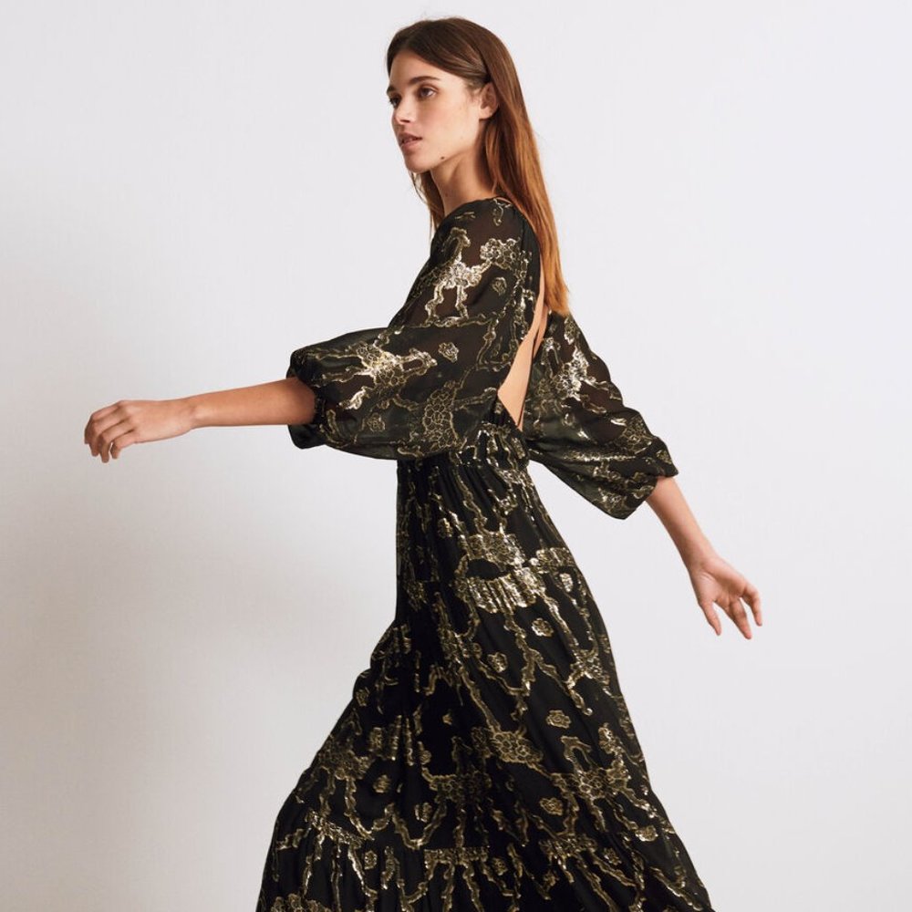 ba&sh Black Maxi Dress with Gold Metallic Print